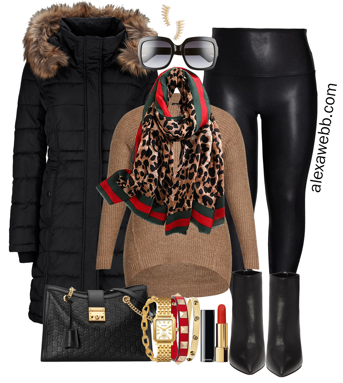 Black Leather Leggings with Beige Scarf Outfits (3 ideas & outfits)