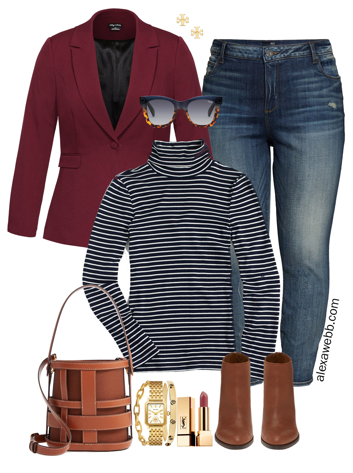 Plus Size Burgundy Blazer Casual Outfit - Alexa Webb