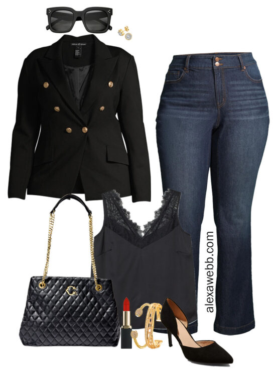 Chic fall outfit idea with long black blazer, lace camisole, black