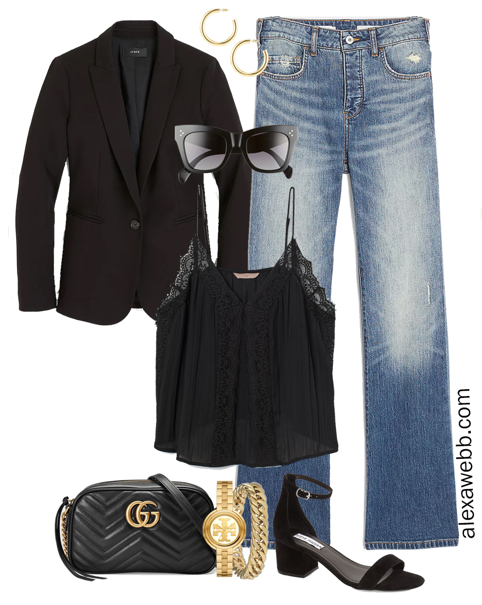 Fall outfit idea with long blazer, black lace camisole and Saint